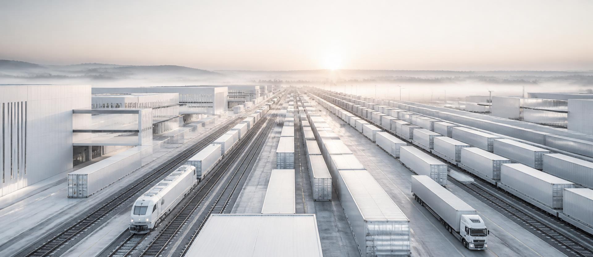 Intermodal logistics yard at dawn
